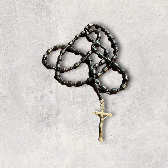 Vintage Rosary‎ Dark Heavy Shiny Black Beads Hematite Silver Crucifix - Picture 3 of 6